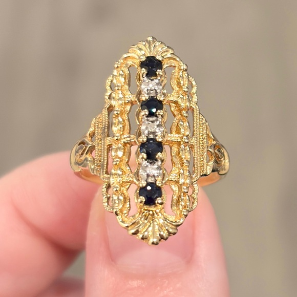 PDN Jewelry - Art Deco Sapphire Shield Ring: 14K Yellow Gold, Diamond Accents, Size 8